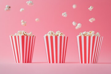 Three striped popcorn containers with popcorn falling.