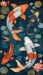 Vector illustration of koi fish, simple flat style with simple lines, on a blue background with lotus leaves and water lilies in the corners. Each koi fish is in a different color, depicted in a top-d