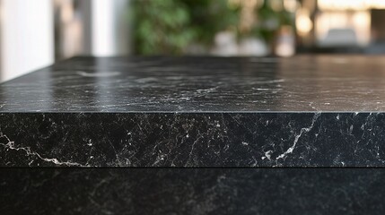 Detailed Close-Up of Black Marble Stone Tabletop with Blurred Background
