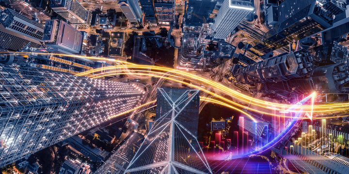 Abstract concept of Hong Kong's vibrant cityscape at night, depicted with light trails forming an upward arrow, symbolizing growth and progress.