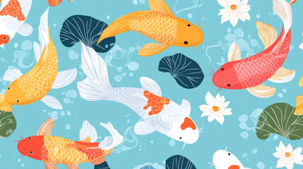 Naklejka premium Vector illustration of koi fish, simple flat style with simple lines, on a blue background with lotus leaves and water lilies in the corners. Each koi fish is in a different color, depicted in a top-d
