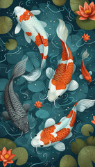 Vector illustration of koi fish, simple flat style with simple lines, on a blue background with lotus leaves and water lilies in the corners. Each koi fish is in a different color, depicted in a top-d