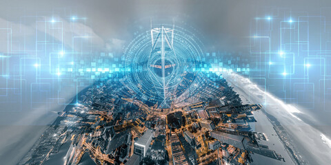 Abstract concept of Hong Kong's cityscape merging with futuristic digital technology, showcasing a blend of urban landscape and technological advancement.