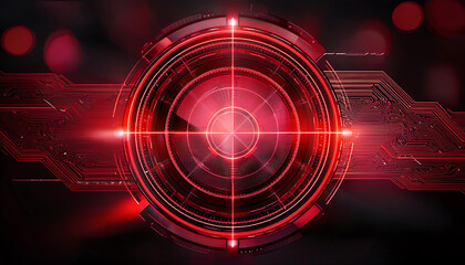 A high-tech red circular design with circuitry elements, featuring a prominent crosshair in the center, radiating a futuristic and digital aesthetic.