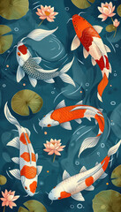 Vector illustration of koi fish, simple flat style with simple lines, on a blue background with lotus leaves and water lilies in the corners. Each koi fish is in a different color, depicted in a top-d
