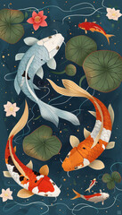 Vector illustration of koi fish, simple flat style with simple lines, on a blue background with lotus leaves and water lilies in the corners. Each koi fish is in a different color, depicted in a top-d