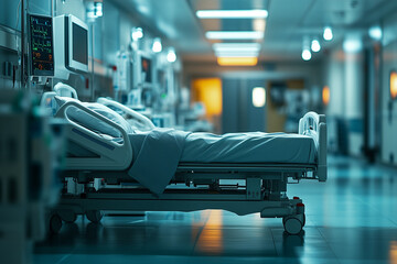 Fototapeta premium Bare Hospital Bed in a Clinical Setting with Medical Equipment for Care