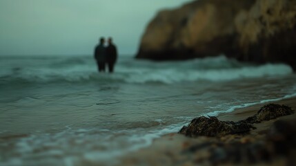 Two figures stand in the distance, blurred, as waves gently lap at the shore.