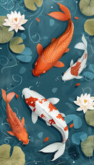Vector illustration of koi fish, simple flat style with simple lines, on a blue background with lotus leaves and water lilies in the corners. Each koi fish is in a different color, depicted in a top-d