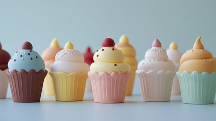 A playful set of plastic toys shaped like cupcakes and ice cream, In the Scandinavian design. Cute minimalistic form language