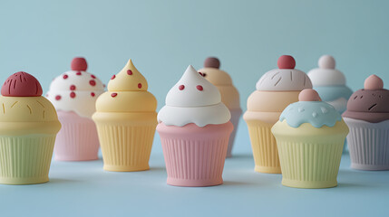 A playful set of plastic toys shaped like cupcakes and ice cream, In the Scandinavian design. Cute minimalistic form language