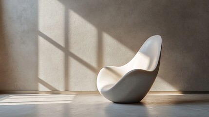 Modern white chair in sunlit room.