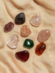 Naklejka premium Collection of tumbled gemstones on beige fabric
