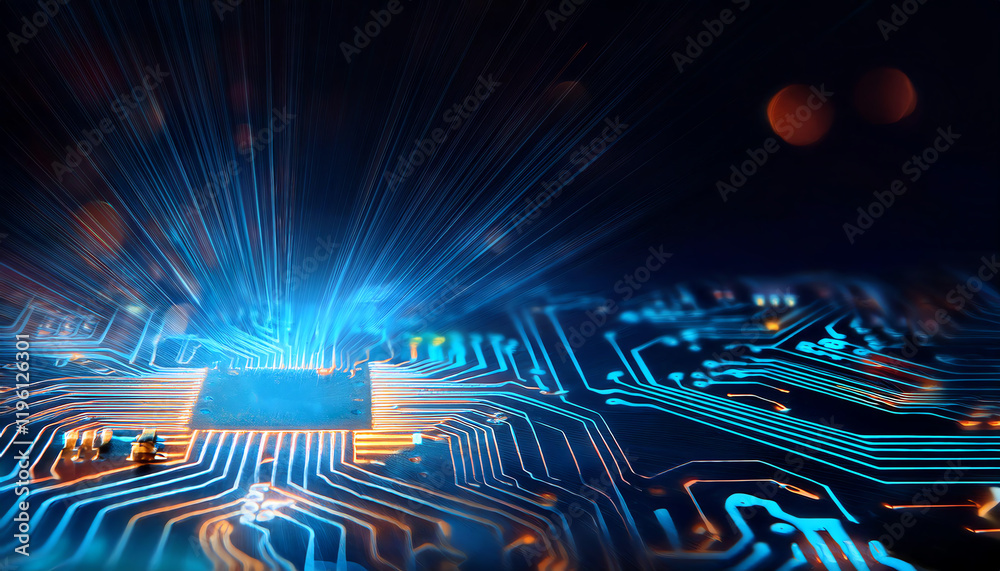 Poster a close-up of a microchip with glowing circuits, representing advanced technology and digital innova