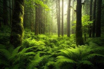 A lush green forest filled with moss and ferns perfect for a summer escape