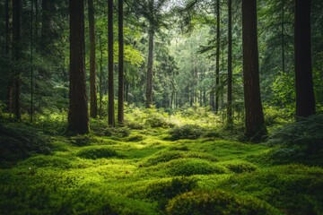 Fototapeta premium A lush green forest filled with moss and ferns perfect for a summer escape
