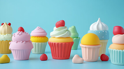 A playful set of plastic toys shaped like cupcakes and ice cream, In the Scandinavian design. Cute minimalistic form language