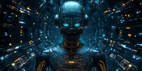 Futuristic robot in a digital tunnel.