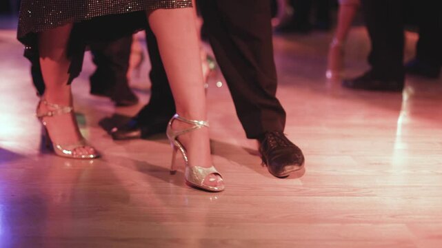 Couples dancing traditional latin argentinian dance milonga in the ballroom, tango salsa bachata kizomba lesson in red and purple lights, evening dance school class festival, performance rehearsal
