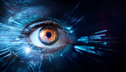 A close-up of a digital eye with an intricate design, symbolizing technology, vision, and innovation against a dark background.