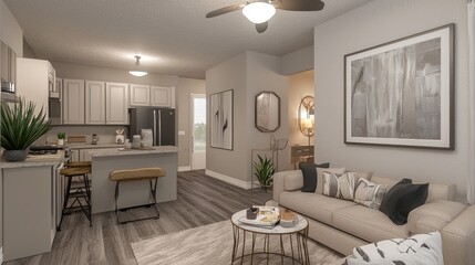 Fototapeta premium Modern living room and kitchen with stylish decor and furniture.