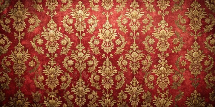 Fototapeta Distressed red vintage wallpaper with floral patterns and gold accents in a classic interior design, worn, design,  worn, design