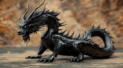 Fototapeta premium a black Japanese dragon, whole body on show, fierce look