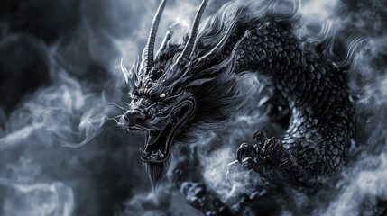 a black Japanese dragon, whole body on show, fierce look