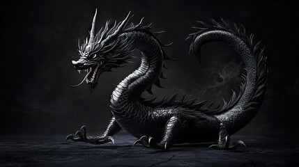Obraz premium a black Japanese dragon, whole body on show, fierce look