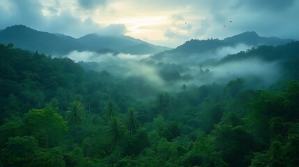 Misty sunrise over lush green mountain range.