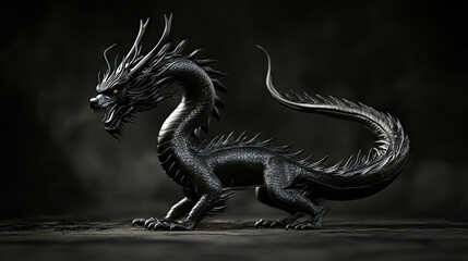 Obraz premium a black Japanese dragon, whole body on show, fierce look
