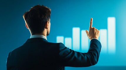 Strategic Vision: A confident businessman in a suit analyzes a glowing data visualization, his finger pointed toward a rising bar graph, symbolizing growth, innovation, and a focused path to success.