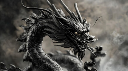 a black Japanese dragon, whole body on show, fierce look