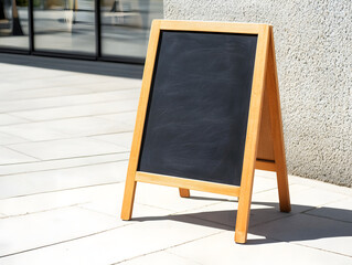 wooden chalkboard stand on sunny sidewalk, perfect for displaying messages