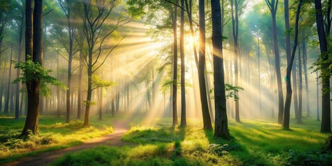 Obraz premium Soothing forest with misty fog and sunlight filtering through trees, balance , tree, balance , tree, calm