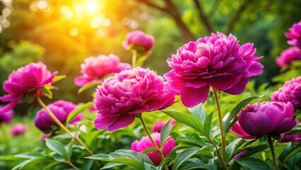 Large fuchsia peony flowers in full bloom on a lush green garden with sunlight filtering through trees and leaves, fuchsia flowers, peonies