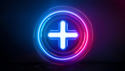Fototapeta premium A glowing plus symbol surrounded by vibrant blue and pink neon lights against a dark background.