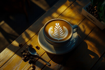 Top view of a cup of coffee with intricate leaf-like latte art placed on a wooden table, featuring soft lighting and a warm atmosphere, with a cozy coffee shop interior in the background.