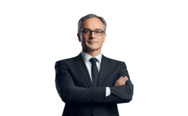 Professional Man Posing in Dark Suit and Glasses with Arms Folded on Plain Background