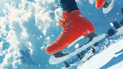 Close-up of a red ice skate gliding on the frosty ice, capturing the thrill of winter sports. Windspire. Illustration