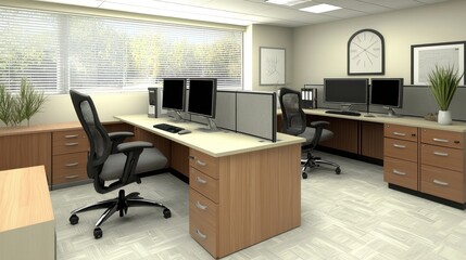 Modern office space with desks and computer workstations.