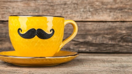 Yellow Cup with Black Curly Mustache Design on Wooden Background