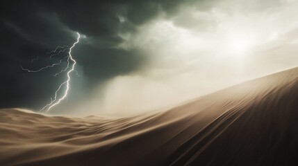 Desert sand dune with dramatic lightning storm.