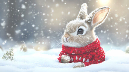 A cute bunny in the snow with red sweater. Windspire. Illustration