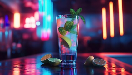 mojito cocktail in a tall glass with mint leaves and lime on the bar counter, neon light