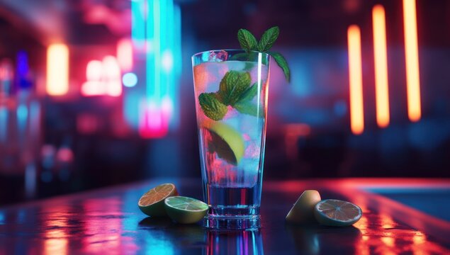 mojito cocktail in a tall glass with mint leaves and lime on the bar counter, neon light