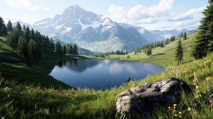 Fototapeta premium Scenic mountain landscape with a tranquil lake and lush greenery.