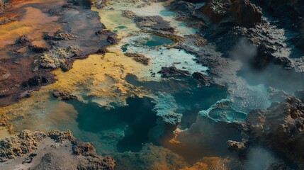 Aerial view of vibrant geothermal landscape with colorful hot springs and rocky terrain.