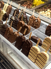 A detailed close-up of various ice cream bars, including chocolate, nut-covered, and fruity flavors, showcasing their textures and colors.  
