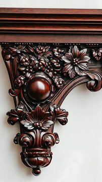 Intricate wooden corbel with floral carvings enhances traditional architecture in a cozy setting